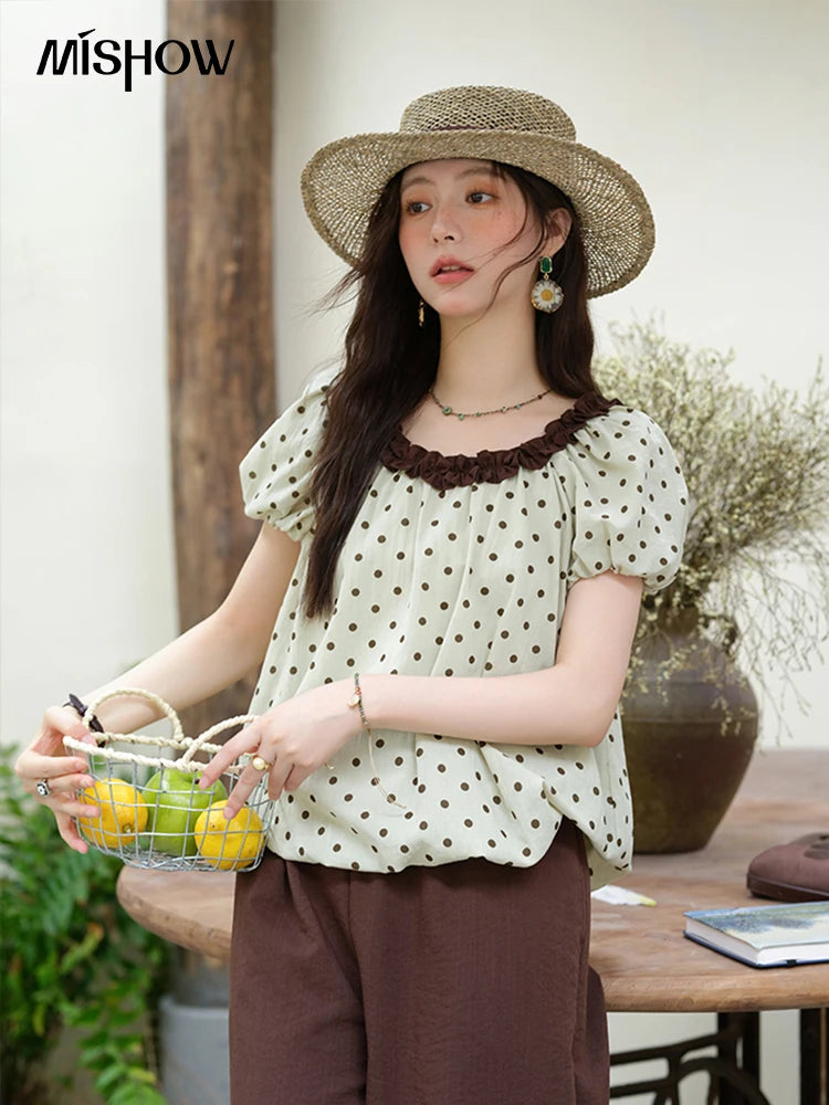 MISHOW 2025 Summer Women's Two Piece Set Polka Dot Puff Sleeve Top Casual Pocket Wide Leg Pants Set Female Clothing MXE39T0657