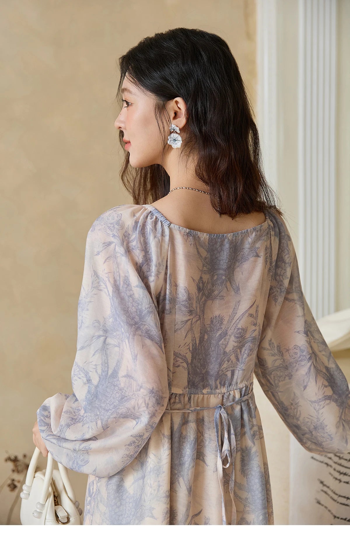 MISHOW Woman Elegant Dress 2025 Autumn Romantic Blue Floral Dress Lace Panel Drawstring A-line Long Dress Autumn MXE45L2507