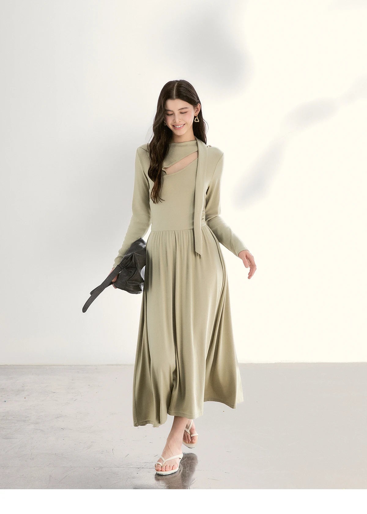 MISHOW Women's Light Green Midi Dress 2026 Spring Cutout Neck Hollow Out Ribbon Dresses Elegant Long Sleeve Dress MXF13L2556