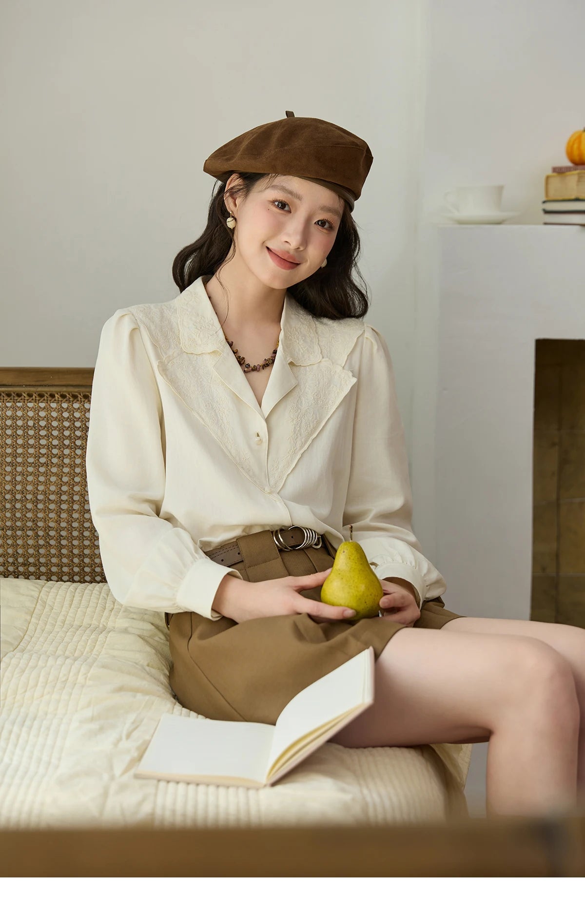 MISHOW Women's Casual Shirts 2025 Autumn Apricot Retro Lace V-neck Top Long Sleeve Lightweight Shirts Women Clothing MXE45X2486