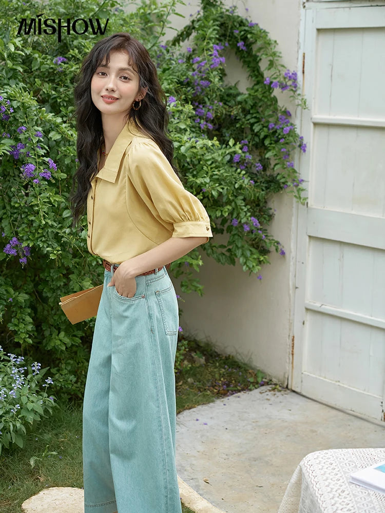 MISHOW Women's Short Sleeve Shirt Summer Thin Casual Simple Loose Elegant Blouses for Women 2024 Fashion Lapel Tops MXD28C0247