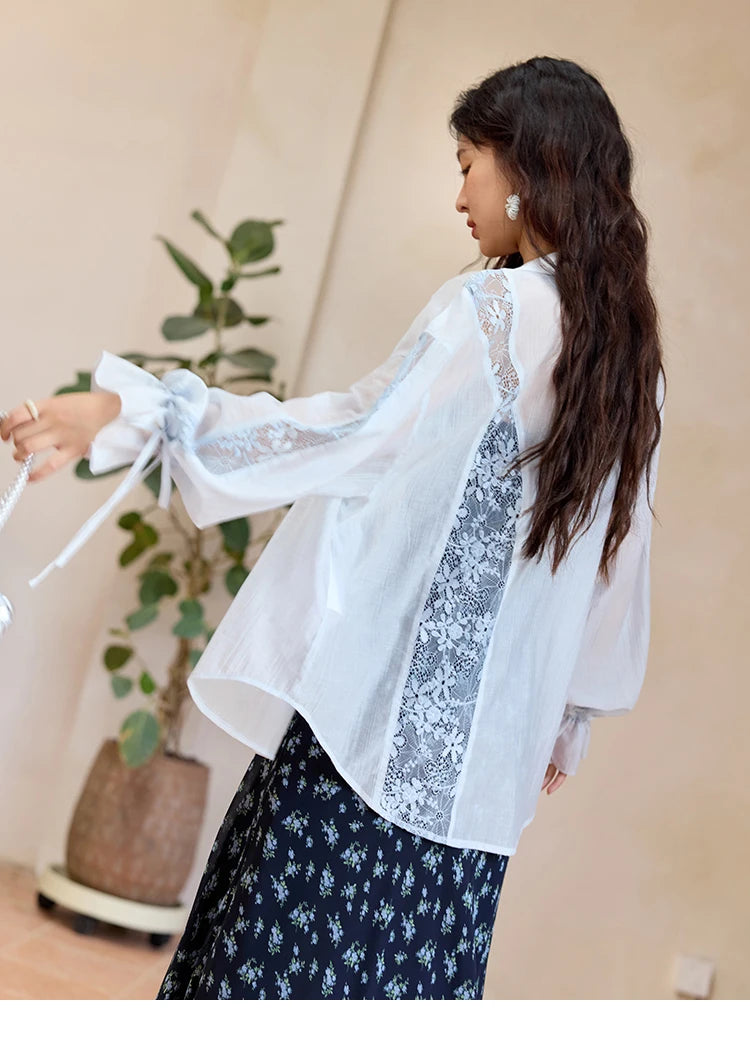 MISHOW Blend Patchwork Lace Cool Shirt Female Autumn 2025 Korean Loose Lapel Drop Sleeve Shirts Drawstring Cuffs Top MXE31C0789