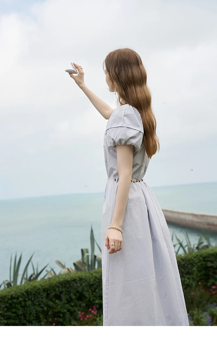 MISHOW 100 Cotton Bohemian Dress 2024 Summer French Elegant Elastic Round Neck Bubble Sleeve Long Dresses with Belt MXD26L1940