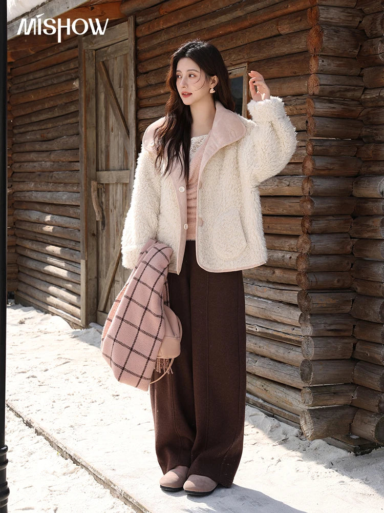 MISHOW Women's Double Sided Wearing Jacket 2025 Winter Lamb Wool Lapel Coat Warm Windproof Commuter Coat with Pockets MXE91W1015