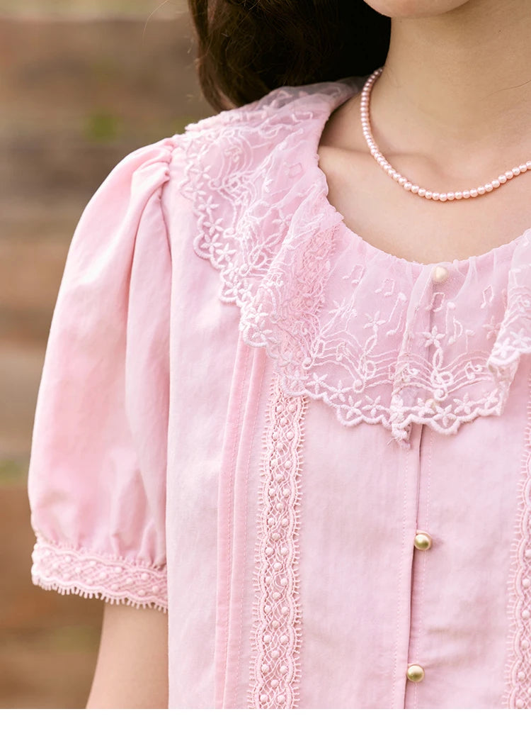 MISHOW Women's Pink Spliced Lace Round Neck Blouses 2025 Summer Lace Hem Sweet Blouse Single Row Metal Buttons Top MXE32X1768