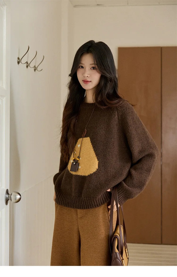 MISHOW Pear Pattern Jacquard Knitted Sweater Autumn Winter Crew Neck Loose Sweaters Wool Blend Warm Pullover Tops MXE94Z2959
