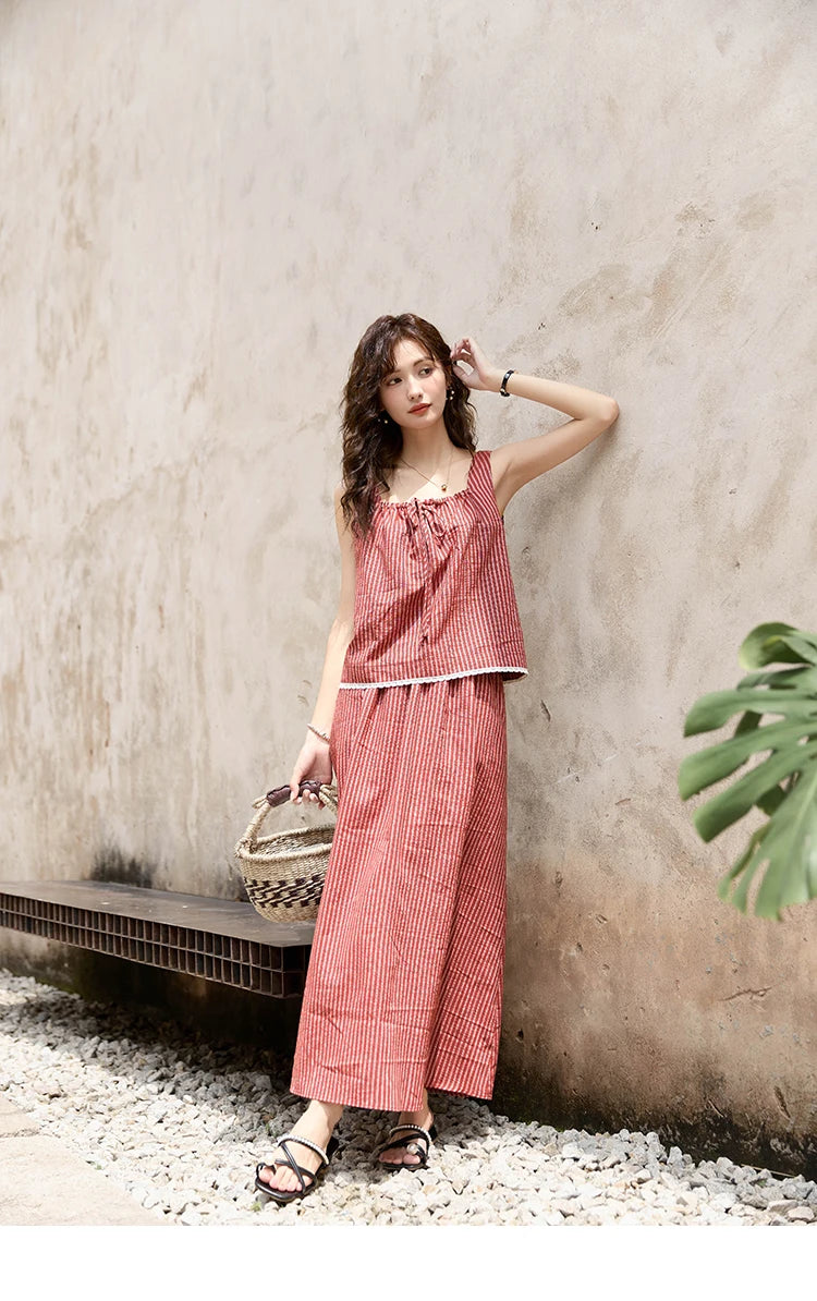 MISHOW French Red Stripe Tank Blouse Elastic Waist Skirt Separately Women 2024 Summer Slim Vacation Strap Waist Skirt MXD30X1631