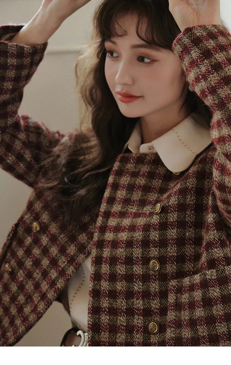 MISHOW Women's Vintage Plaid Coat 2024 Autumn French Single Breasted Crew Neck Crop Woolen Tops Office Lady Outerwear MXC48W0175
