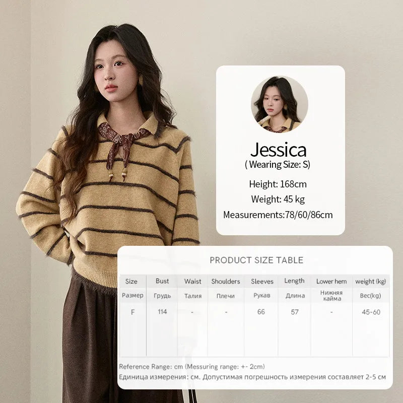 MISHOW Women's Faux Mink Fur Striped Sweater 2025 Winter Loose Lapel Tassel Hem Thickened Knitwwear Excluding Scarves MXE93Z2945