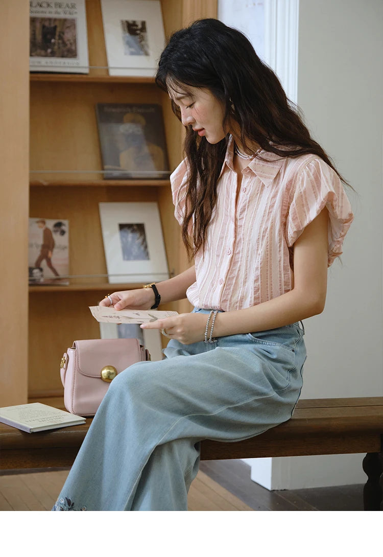 MISHOW Pink Turn-down Collar Flower Bud Sleeve Shirt for Women 2025 Summer New Women's Clothing Button Striped Shirt MXD24C0204