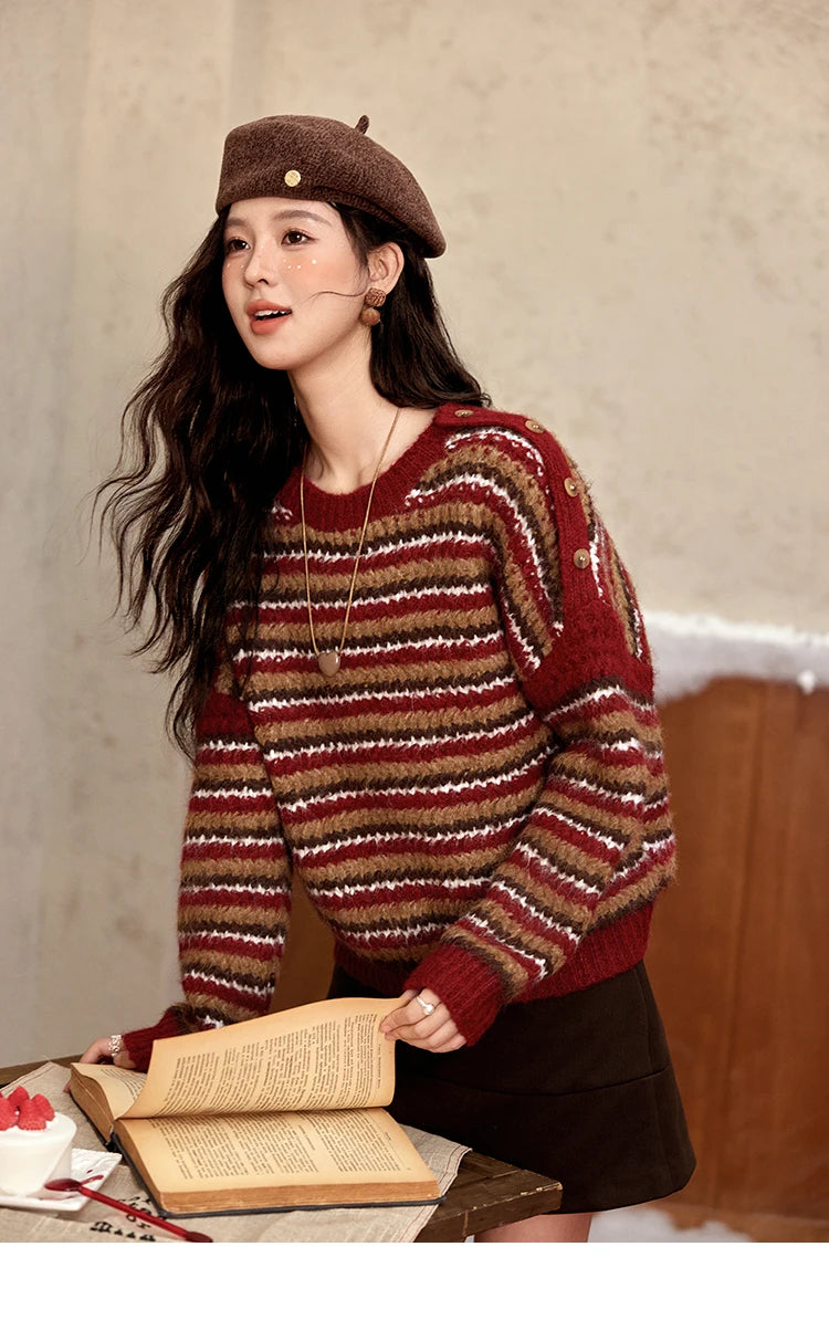 MISHOW Christmas Retro Striped Wool Blend Sweater Women Button Decoration Women Clothing Thick O-Neck Knitted Tops MXD59Z1060