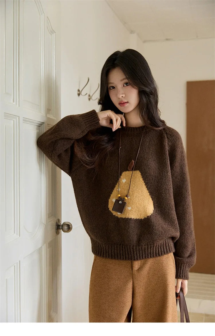 MISHOW Pear Pattern Jacquard Knitted Sweater Autumn Winter Crew Neck Loose Sweaters Wool Blend Warm Pullover Tops MXE94Z2959