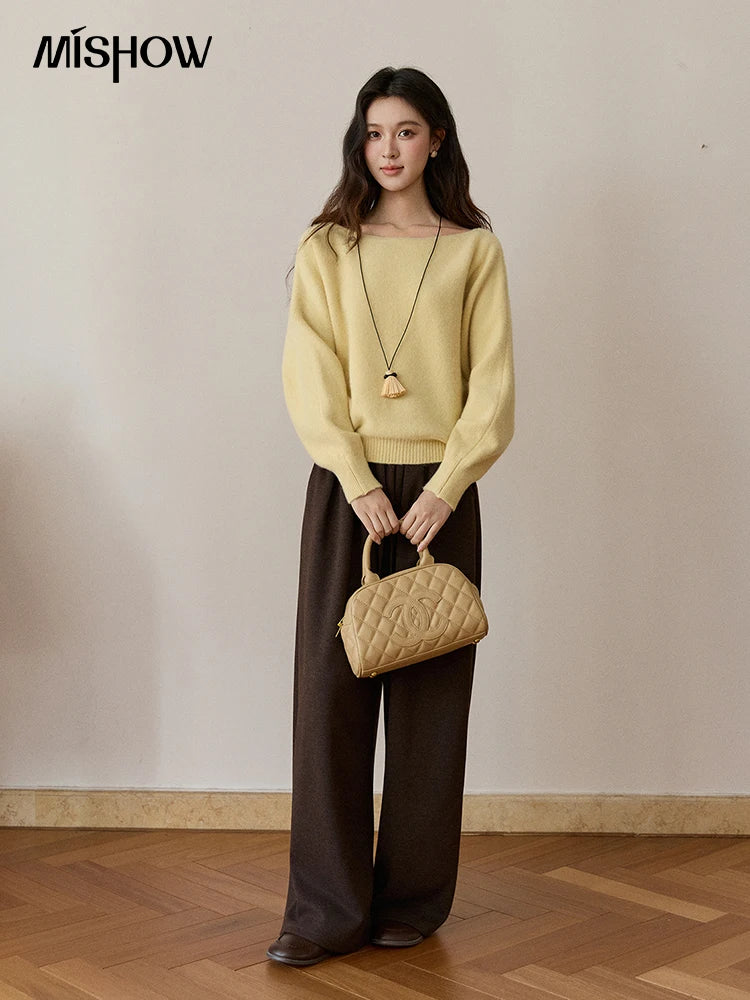 MISHOW Women's Solid Knitted Sweater 2025 Autumn Winter Boat Neck Lantern Sleeve Loose Sweater Soft Warm Pullover Top MXE94Z2984