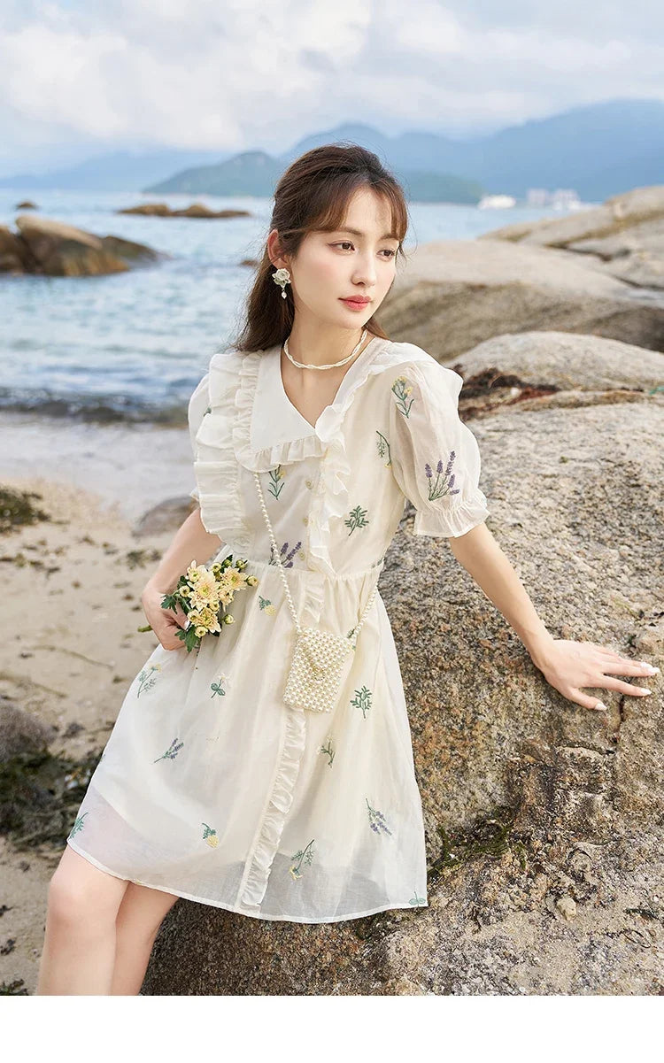 MISHOW Elegant Fairycore Embroidery Flower Dresses 2025 Summer A-line Flare Sleeve Ruffles Sweet Knee-Length Dresses MXC38L1518