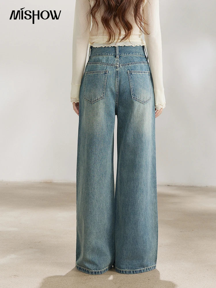MISHOW Women's Vintage Blue Wide Leg Jeans Spring High Waist Cotton Pants Two-button Loose Casual Denim Trousers MXF108K1005
