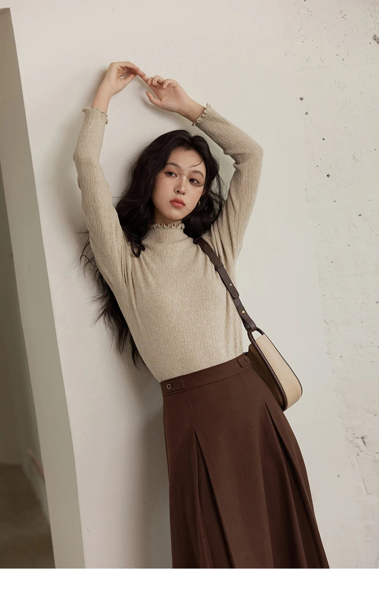 MISHOW Bottom Knitted Sweater Women Ruffled Edge High Collar Long Sleeve 2025 Winter Solid Slim Thin Internal Tops MXD48Z0850