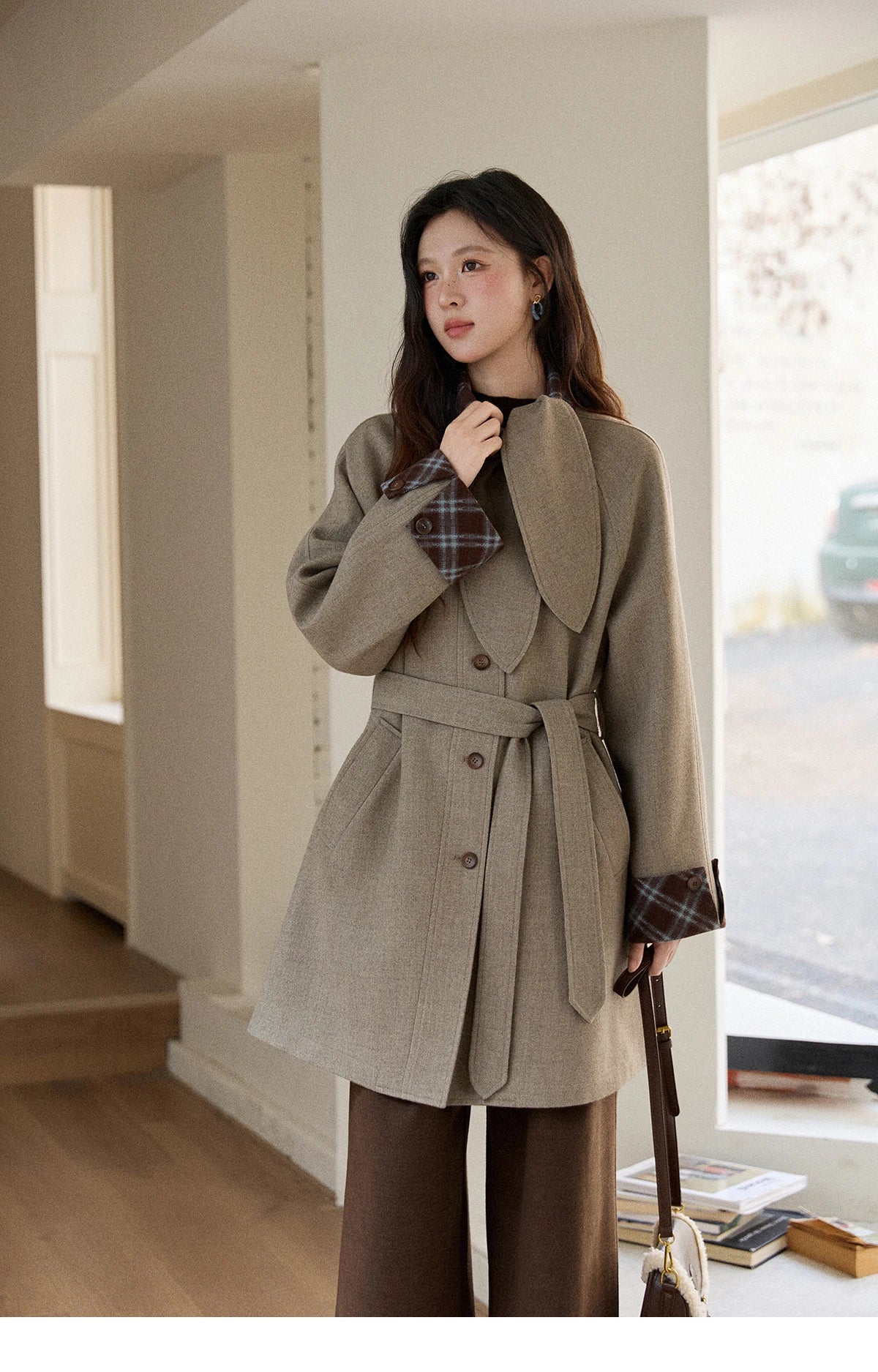 MISHOW Retro British Plaid Patchwork Woolen Coat Winter 2025 Rabbit Ear Tie Collar Waist Cinching Belt Woolen Coats MXE90W0924