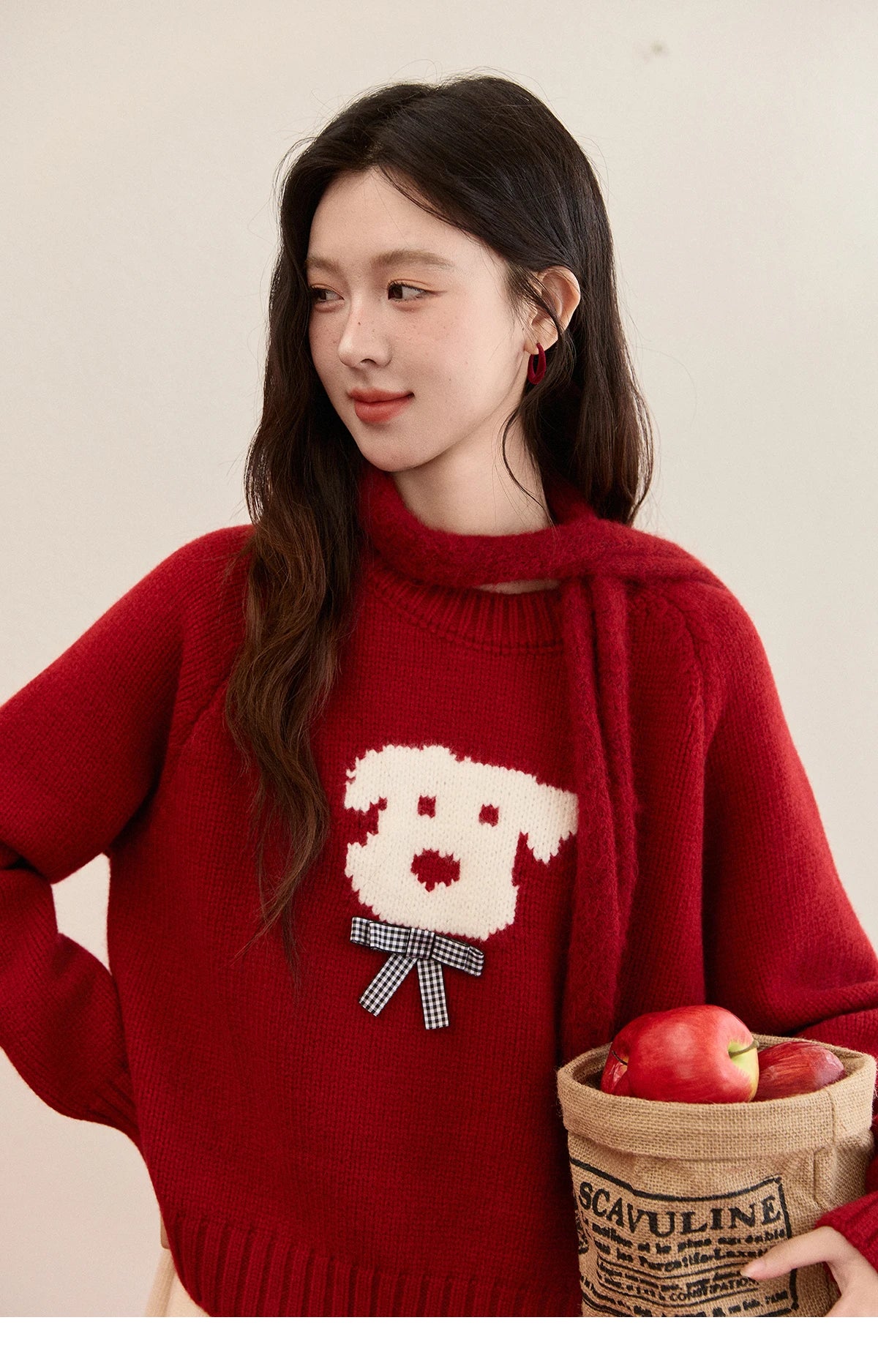 MISHOW New Year Women's Puppy Jacquard Crew Neck Knit Sweater 2026 Spring Loose Casual Red Sweater Excluding Scarf MXE93Z2932