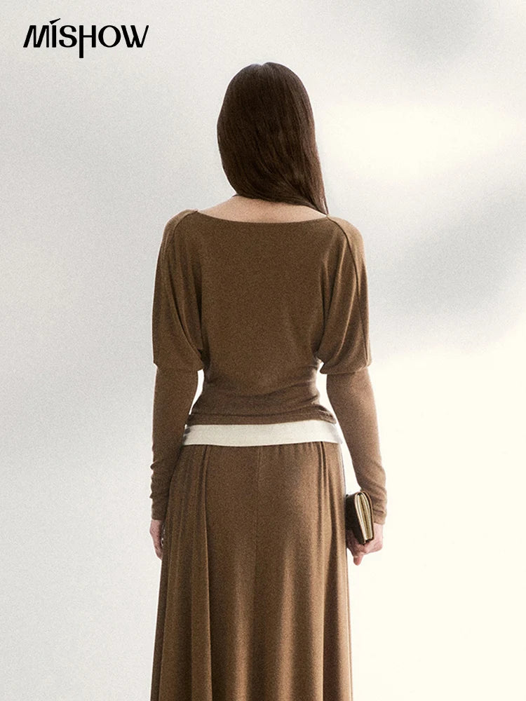 MISHOW Women's Draped Neck Tops with Camisole Two Piece Set 2026 Spring Long Sleeve Slim Casual Soft Brown Tops MXF11T1458