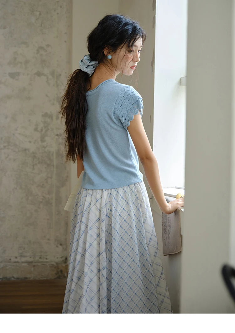 MISHOW Sheep Wool Knitted T-shirt for Women 2025 Summer New Button O-Neck Short Sleeve Blue Top Female Clothing MXE34Z1262