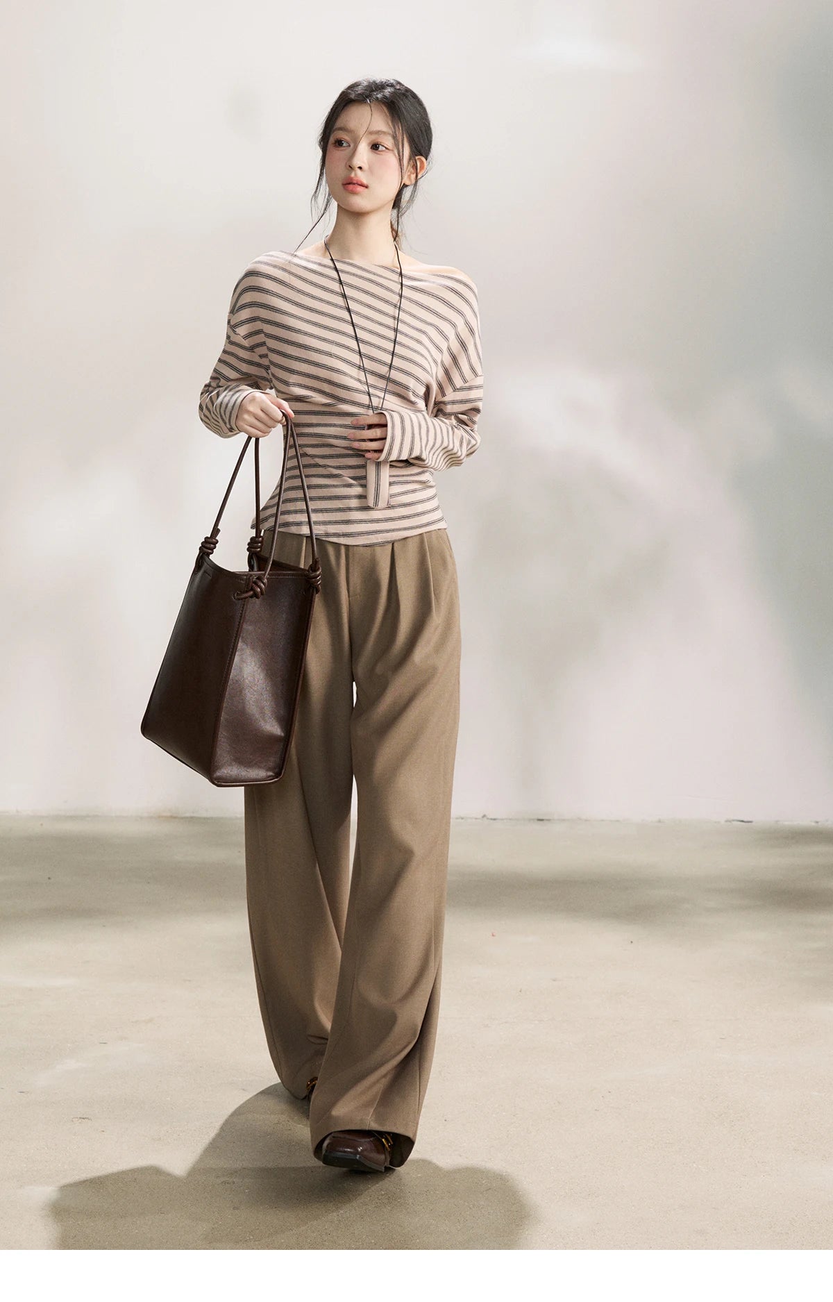 MISHOW Striped Boat Neck Long Sleeve Tops 2026 Spring Ruched Side SlimCasual Soft Breathable T-Shirt with Necklace MXF13T1514