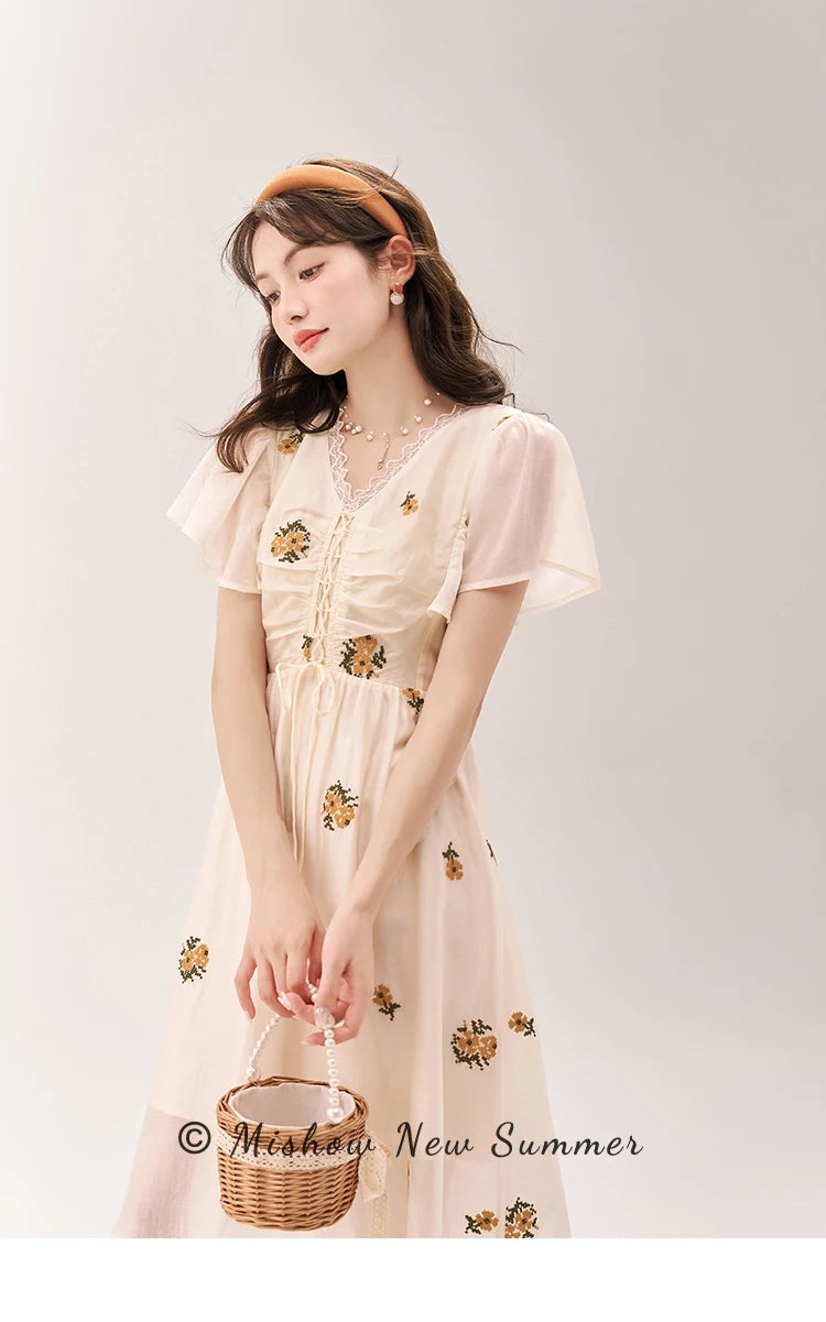 MISHOW [Van Gogh/Sunflower Collection] Embroidered Dress 2023 Summer Sweet Butterfly Sleeve V Neck Lace Splice Dress MXC39L1524