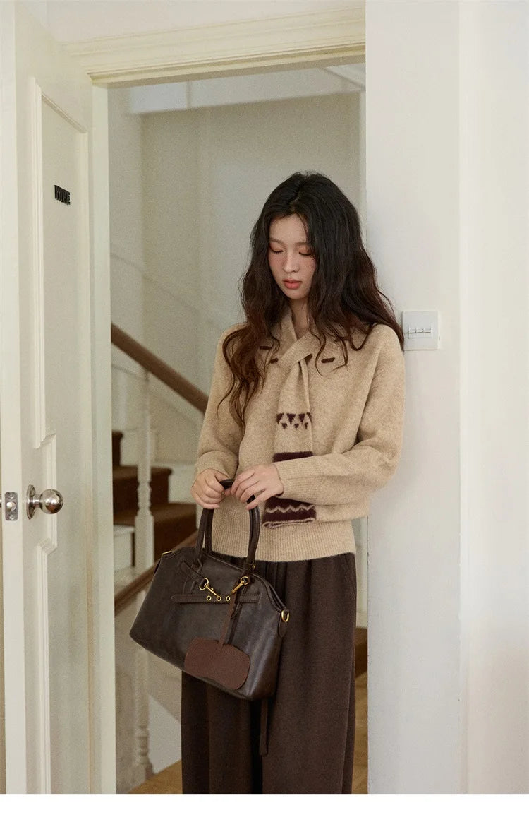 MISHOW Women V-neck Knit Top 2025 French-style Elegant Workwear Long-sleeved Yellow Pullover Women's Winter Clothing MXE87Z2771