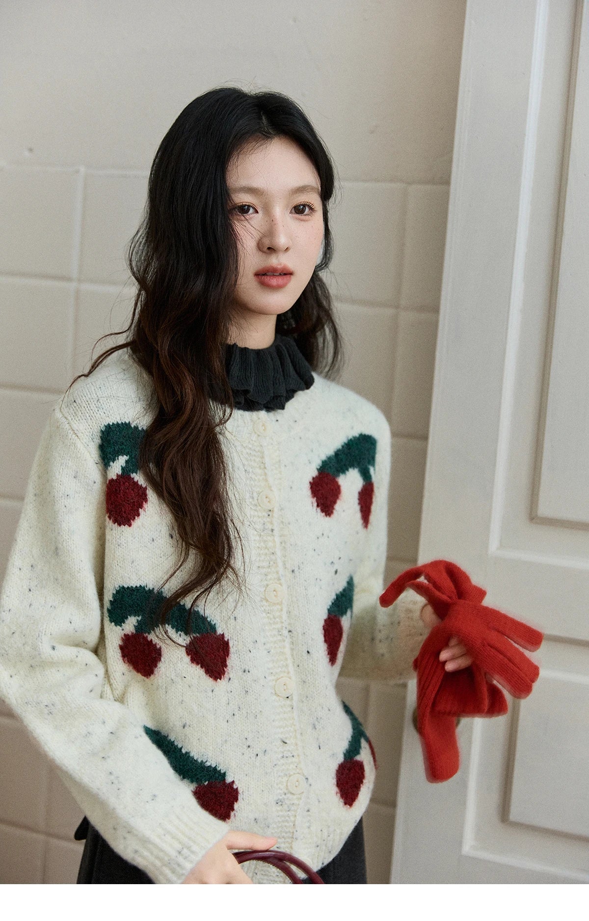 MISHOW Women's Cherry Jacquard Flecked Cardigan 2025 Autumn Winter Korean Drop Shoulder Tops Loose Crew Neck Knitwear MXE91Z2837