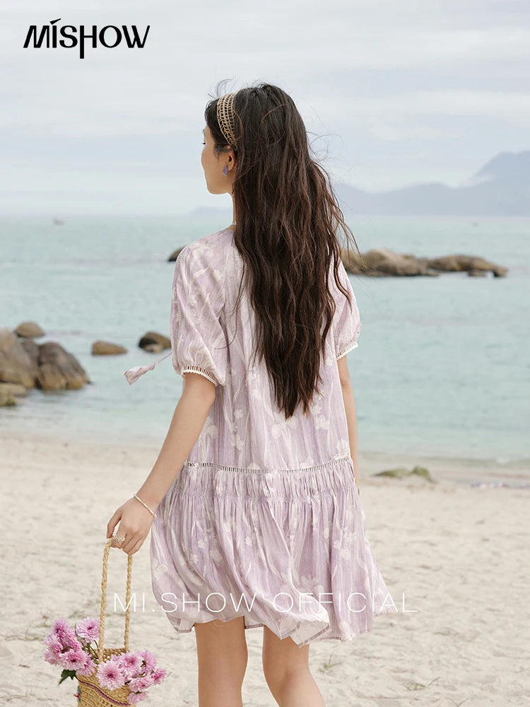 MISHOW Print Summer Chiffon Dress Women 2025 Short Sleeve U Neck Splicing Hollow Lace Midi Dresses Lady New Fashion MXE32L2164