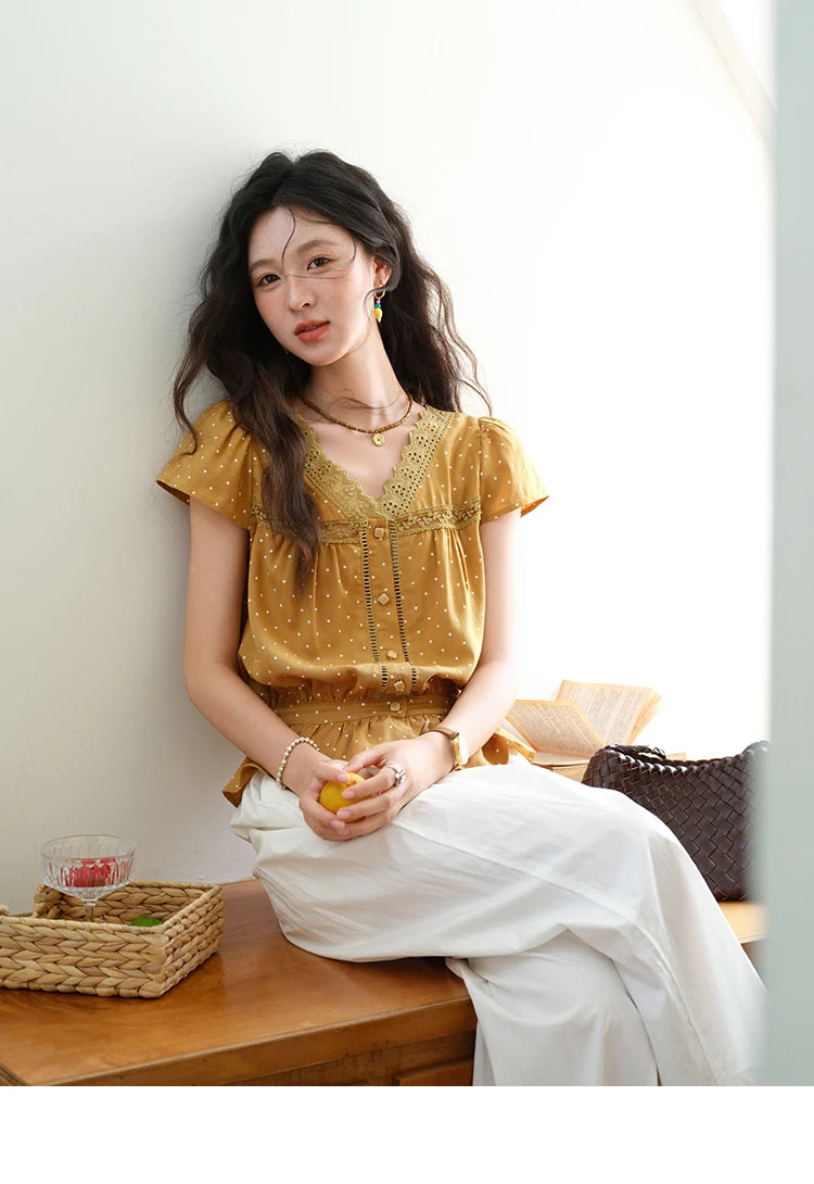 MISHOW Women's V-neck Lace Splicing Blouse 2025 Summer New Ladies Fashion Polka Dot Hollow Ruffle Button Female Top MXE38X1847