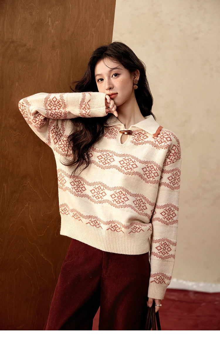 MISHOW Fair Isle Knitting Sweater Women Christmas Turn Down Collar Pullovers Versatile Soft Warm Office Lady Warm Top MXD59Z1042