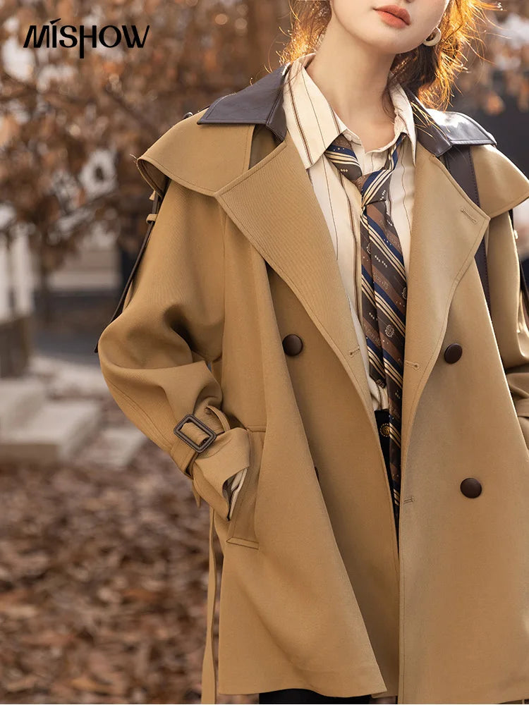 MISHOW Trench Coats for Women Autumn Korean Office Lady Polo Collar Patchwork Long Mid-length Jacket Female Outerwear MXB33W0399