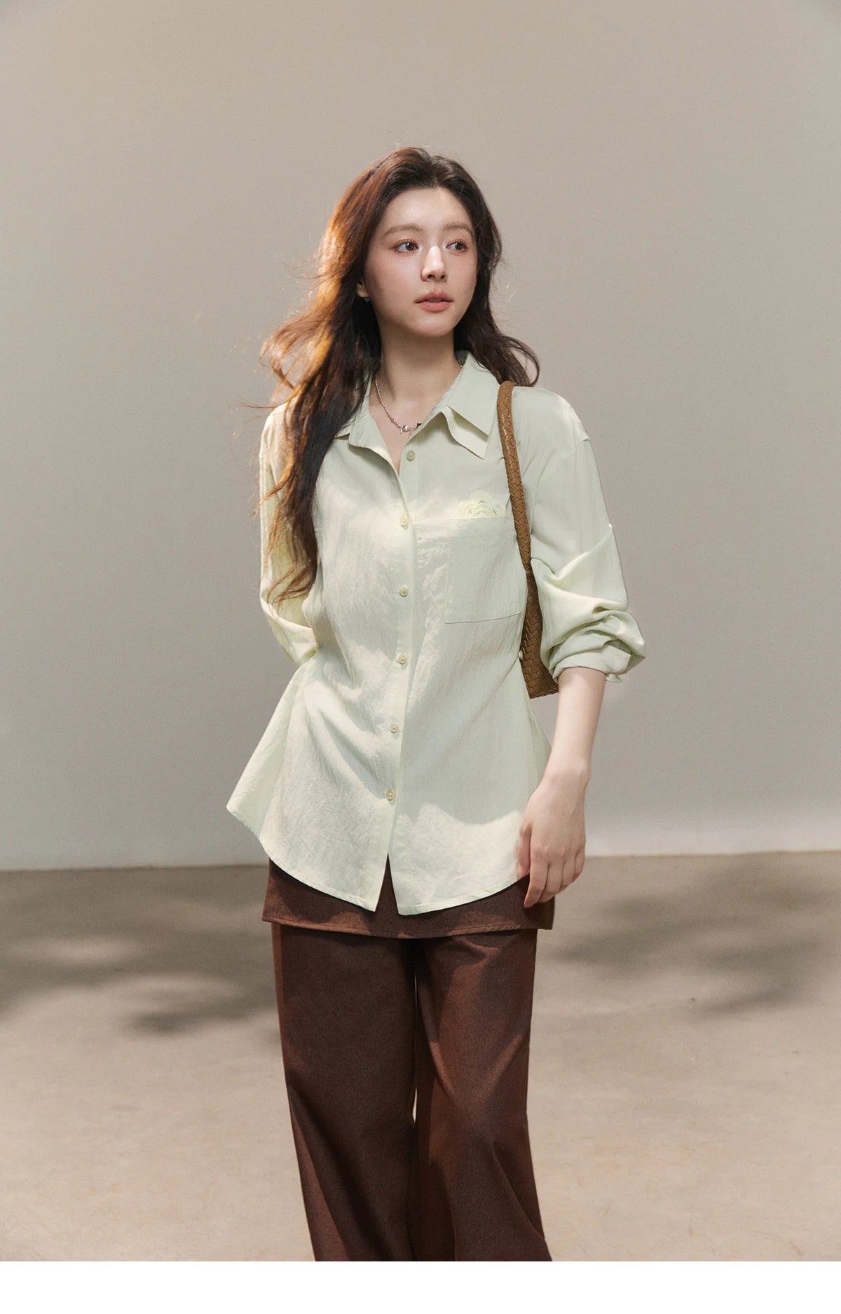 MISHOW Women's Contrast Trim Lapel Collar Shirts 2026 Spring Floral Embroidery Pocket Decor Button Waist Casual Shirt MXF13C2440