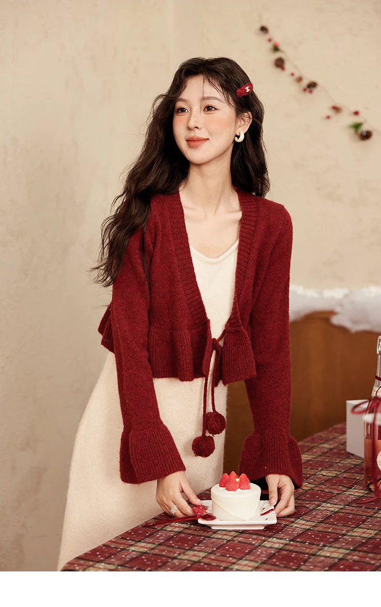 MISHOW Christmas New Year Ruffle Strap Dress Pom-Pom Lace-up Knitted Cardigan Sepertely 2024 Hem Fish Tail Dresses MXD59L2133