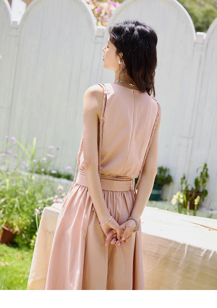 MISHOW Women's Vest Dress 2025 Summer Hand Woven Fried Dough Twists Waist Belt Slim Long Dress A-line Vacation Dress MXE34L2223