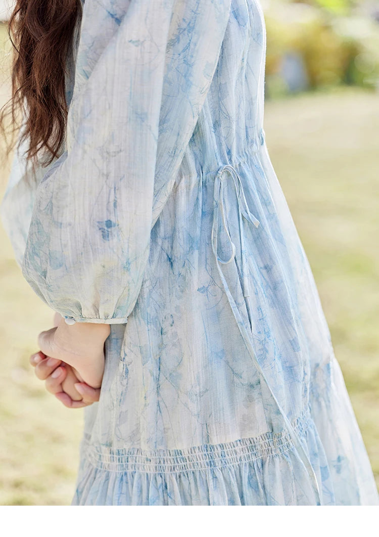 MISHOW Printed Blue Blending Chiffon Vacation Dress Spring 2025 Drawstring Waist Long Dress Lantern Sleeve Dresses MXE16L2114