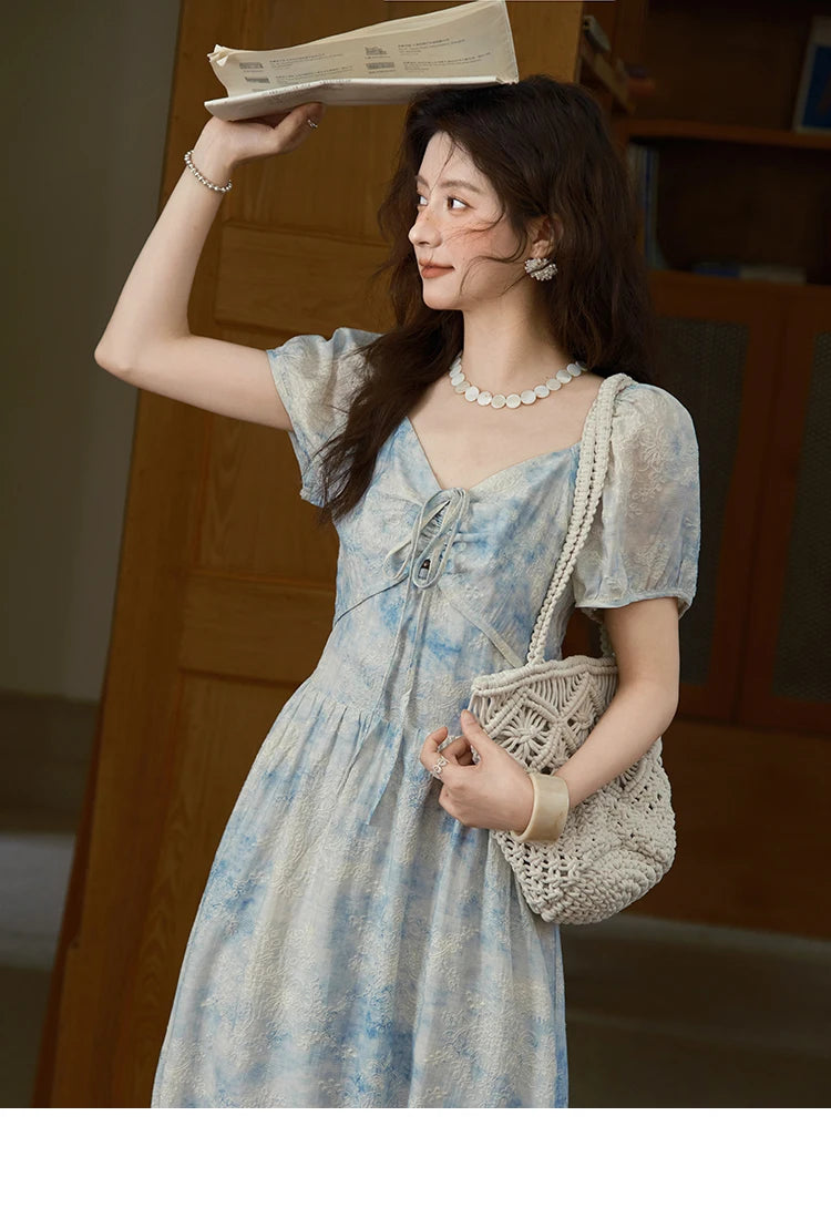 MISHOW Women's Fashion V-neck Lace Up French Dress 2025 Summer Puff Sleeve Embroidery Flower Dress Female Clothing MXE38L2379