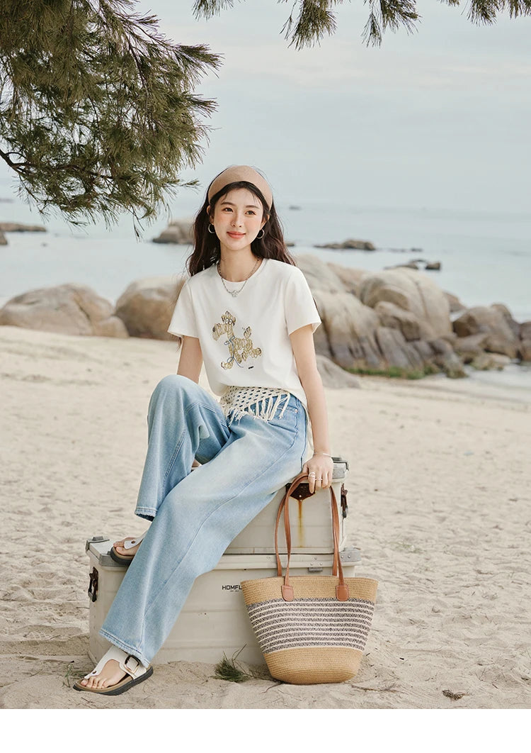 MISHOW Print Women‘s Summer T-shirts 2025 Short Sleeve Round Neck Loose Design Shirt Female Slim Embroidery Tops Lady MXE31T0550