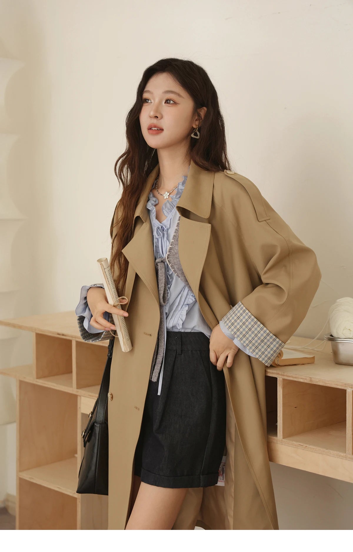 MISHOW Khaki Retro Plaid Flip Sleeve Trench Coat Autumn 2025 Double Breasted Belt Medium Length Trench Office Lady MXE44W0814