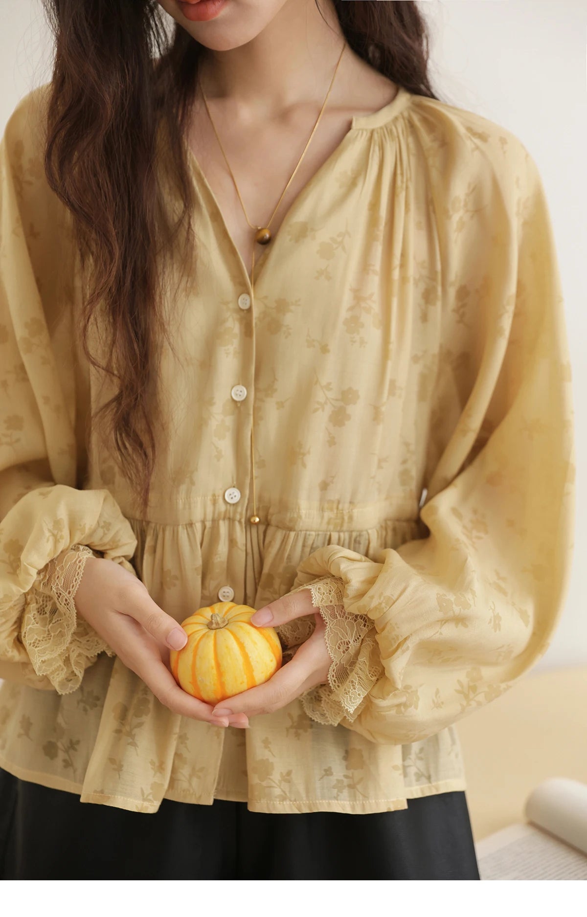 MISHOW Elegant Woman Shirt 2025 Autumn Yellow Printing Lantern Sleeves Shirt Commute Drawstring Waist Lace Trim Top MXE45X2499