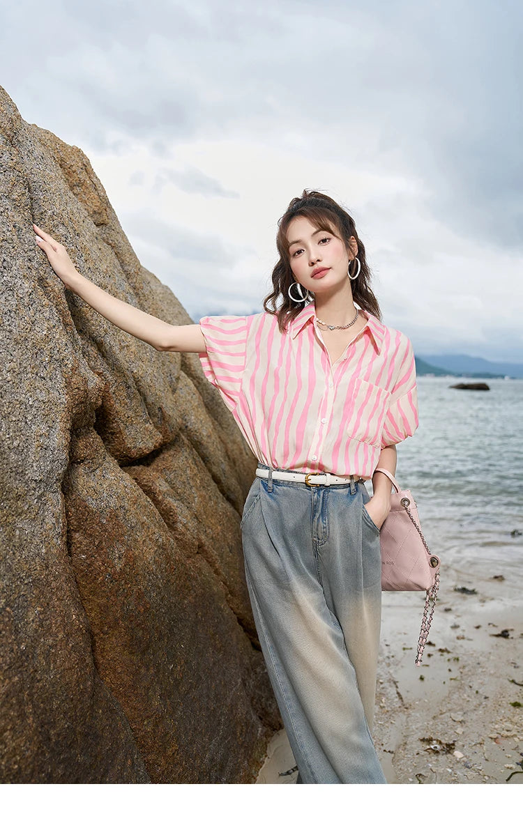 MISHOW Women's Striped Shirt 2023 Summer Korean Loose Puff Sleeve Polo Neck Pocket Casual Tops STRAIGHT Office Lady MXC38C0072