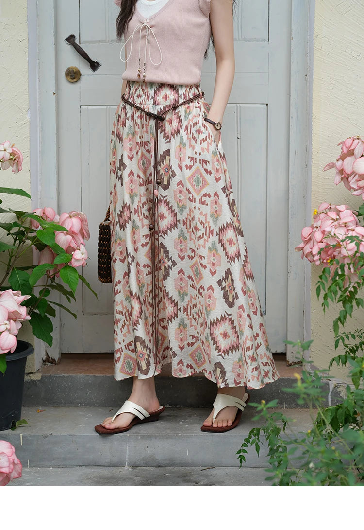 MISHOW Women's Geometric Print Half Skirt 2025 Summer Retro Prairie Chic Pocket Vacation A-line Skirt Female Clothing MXE37B0760