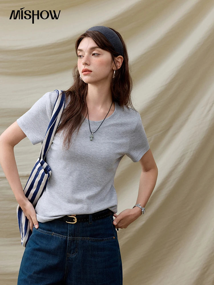MISHOW Casual Summer T-shirts Women Short Sleeve Round Neck Solid Straight Shoulder Shirt Female Fashion Slimming New MXE31T0532