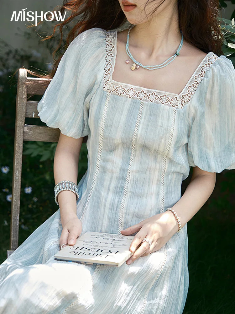 MISHOW Women's Summer Dress 2025 New Fashion Striped Square Neck Spliced Lace Hollow Out Dress Waist Lace Up Dresses MXE39L2403