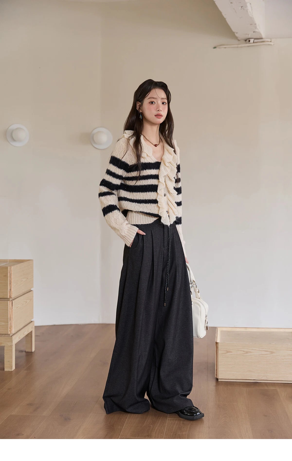 MISHOW Women's Trousers 2025 Autumn Winter Lace-up Gray Wide-leg Pants High Waist Slim Commuting Casual Pants Women MXE51K1106