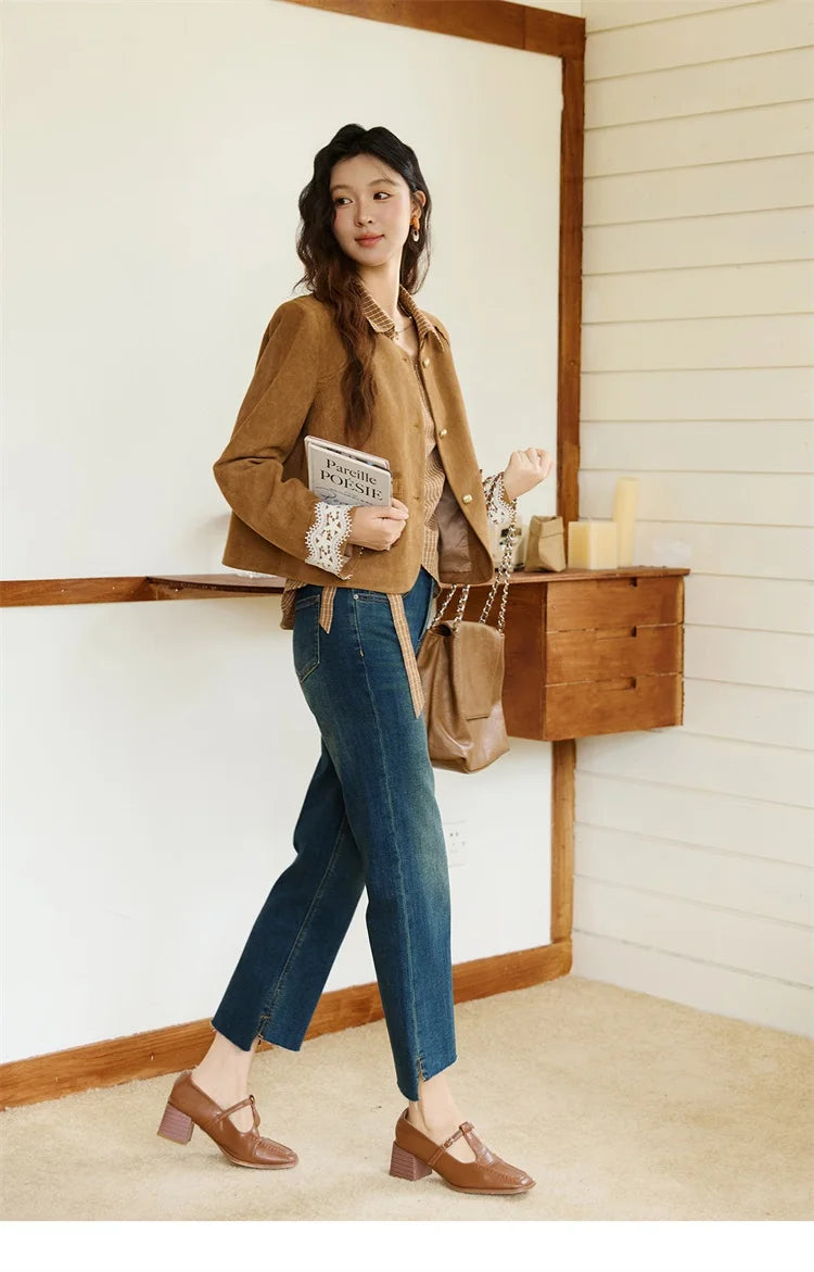 MISHOW Fragrant Suede Jacket for Women Autumn 2025 Cuffs Hollowed Out Lace Short Coats O-neck Metal Button Jackets MXE46W0839