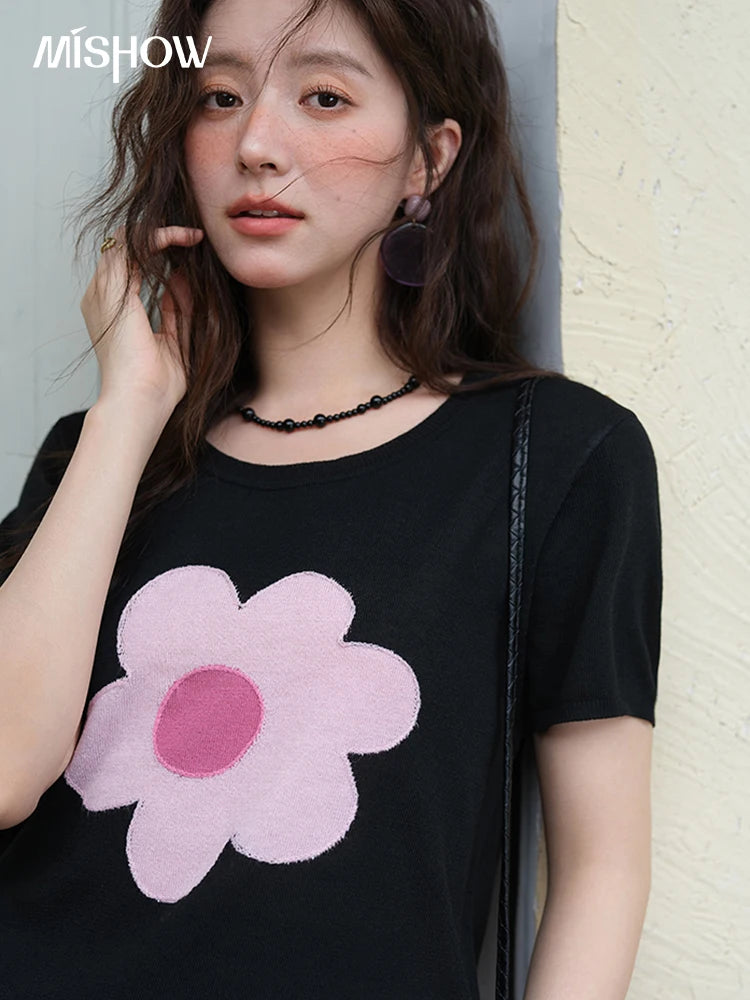 MISHOW Contrast Color Flower Knitted T-shirts for women 2025 Summer New Round Neck Top Women's Clothing Commute Tee MXE39Z1311