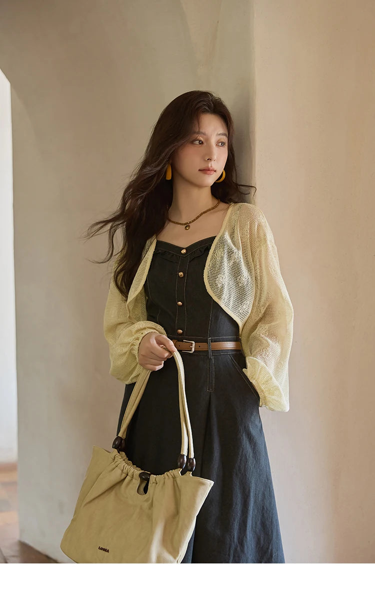 MISHOW Women's Two-Piece Set 2025 Lantern Sleeves Knitted Cardigan Imitation Denim Strap Dress Set With Belt Included MXE41T0704