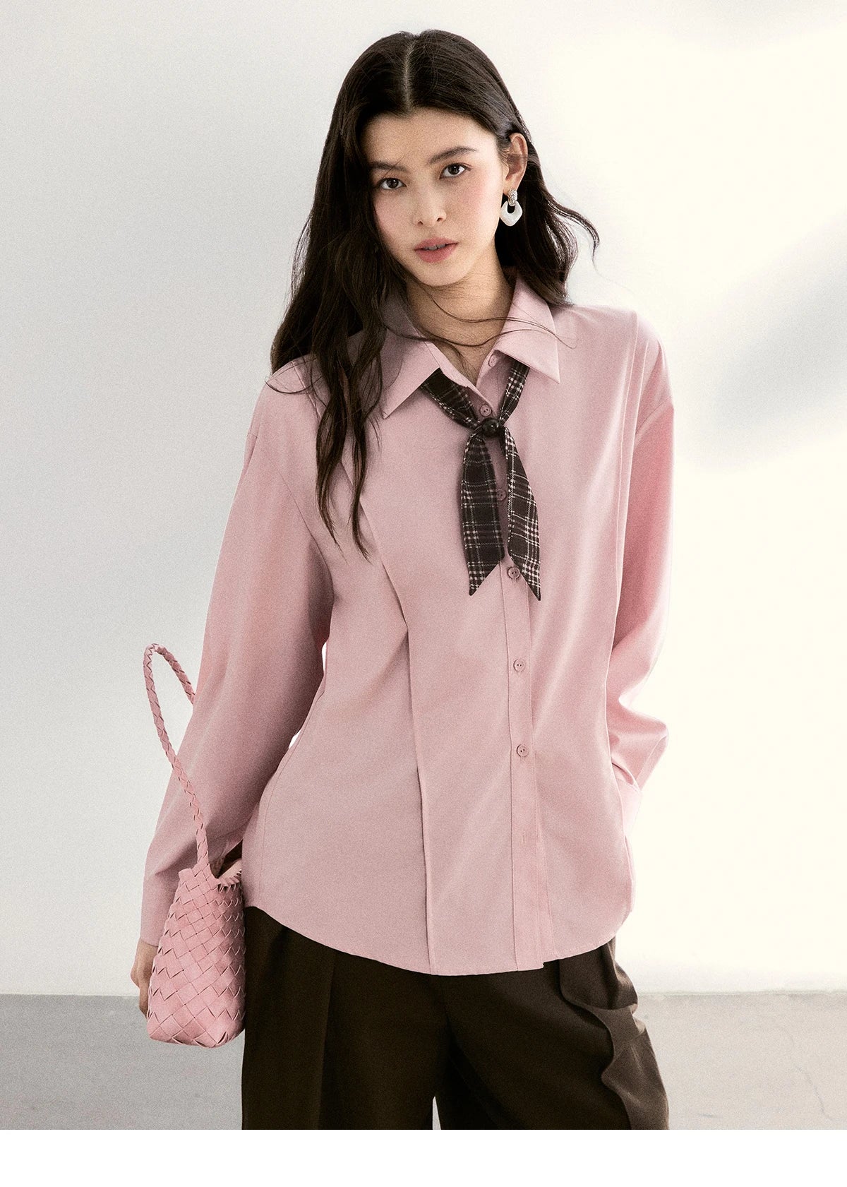 MISHOW Women's Casual Loose Shirt with Plaid Scarf 2026 Spring Lapel Tops Versatile Long Sleeve Shirts Office Lady MXF108C0815