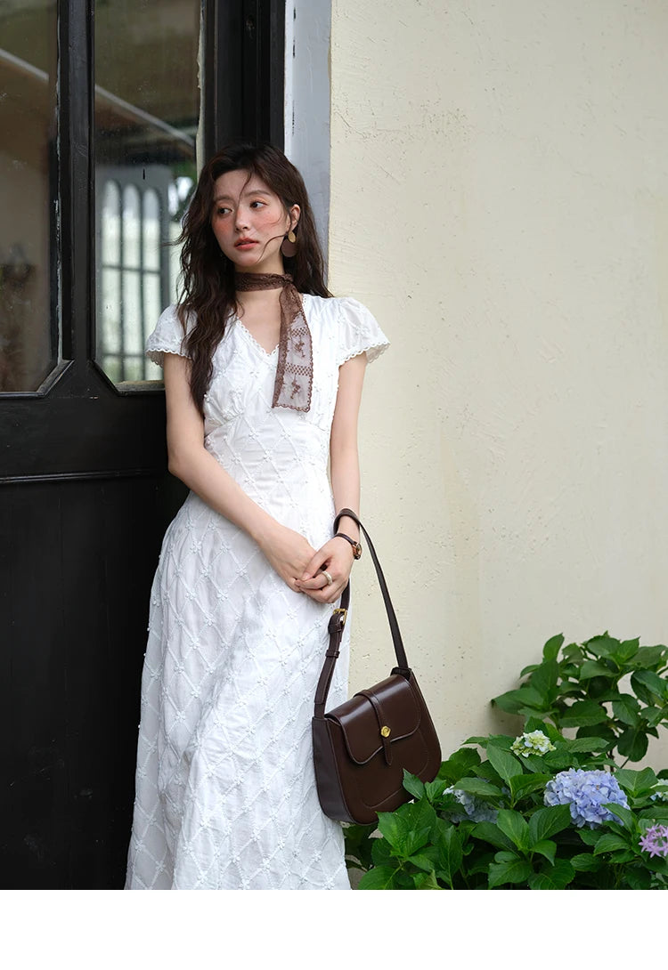 MISHOW Women's V-neck Lace Spliced Dress 2025 Summer New Embroidery Vacation French Style Jacquard Mid-Length Dresses MXE38L2378